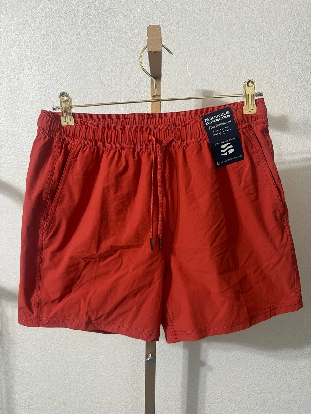 Fair Harbor Men's Coral-Red Hybrid Swim Shorts- 5”-Medium- NWT